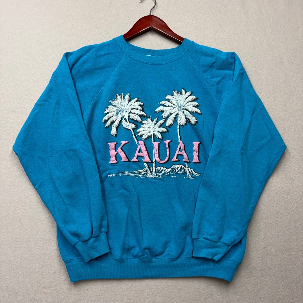 Hanes Sweatshirt Mens XL Blue Vintage 90s Kauai Hawaii Palm Tree Raglan Graphic